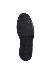 Sorte sko såler med teksturerede gribemønstre og definerede linjer, der har en glat kant og en let kurve ved tåområdet.