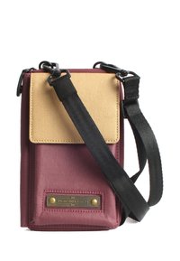 Crossbody bag in maroon and beige fabric, rectangular shape, featuring a flap closure, adjustable black strap, and brass hardware detail.