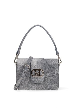 Grey textured shoulder bag with adjustable strap, flap closure, and a silver metal logo clasp at the front.