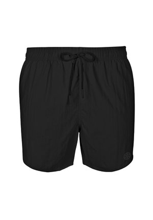 Black swim shorts with an elastic waistband, adjustable drawstring, and a small logo detail on the lower left hem. Smooth, lightweight fabric.