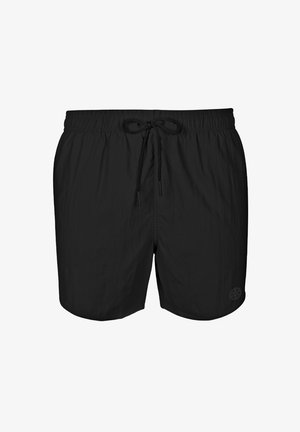 Fekete úszóshort, elasztikus derékkal, állítható zsinórral és kis logó részlettel a bal alsó szegélyen. Simább, könnyű anyag.