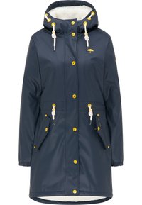 Laivastonsininen vedenpitävä takki, jossa on tekoturkisvuori, kultaiset metalliosat, säädett�ävä nyörihuppu ja kaksi etutaskua läpällä.