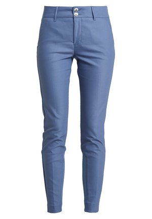 Slim-fit trousers in light blue fabric with a smooth texture, featuring a flat front and two-button waistband detail.