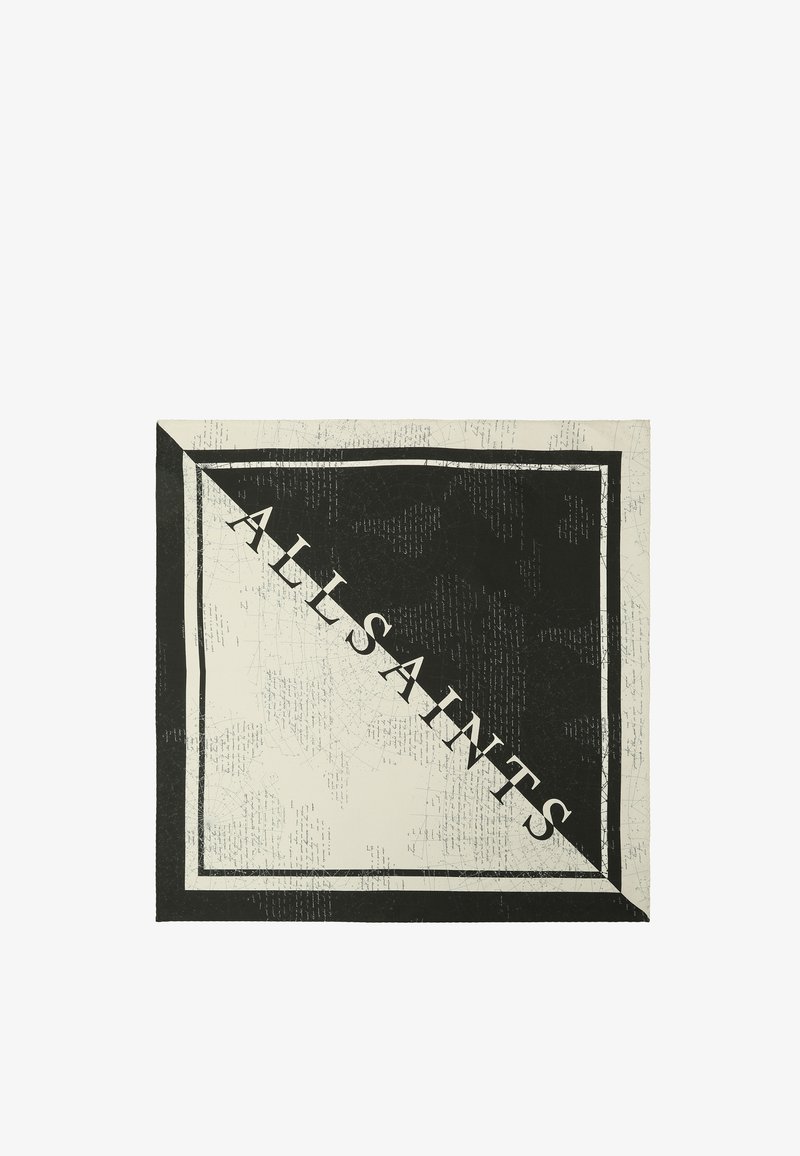 Foulard carré avec des moitiés diagonales noires et blanches, bordure noire et texte "ALLSAINTS" en lettres blanches le long de la diagonale.