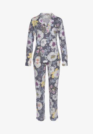 Florales Schlafanzug-Set mit grauem Hintergrund, das große weiße, gelbe und lila Blumen zeigt. Knopf-Down-Oberteil mit Taschen, langen Ärmeln und passenden Hosen.