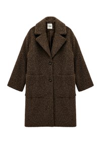 Abrigo de lana marrón con una superficie texturizada, cuello con muescas, dos bolsillos frontales y cierre de botones. Diseñado en un estilo oversized de longitud hasta la rodilla.