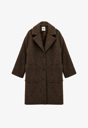 Brun uldfrakke med en tekstureret overflade, klippet krave, to frontlommer og knaplukning. Designet i en længde til knæene, oversized stil.