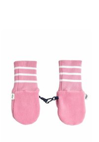 Rožinės fliso pirštinės su šviesiai rožinėmis ir baltomis dryžuotomis rankogaliais. Pridedamas juodas jungiklis saugiam nešiojimui.