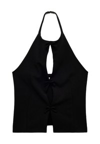 Zwarte haltertop met een diepe neckline, voorzien van twee strikjes aan de voorkant en een open ontwerp. Gemaakt van een gladde, gestructureerde stof.