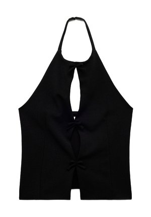 Mustapaitainen halterneck-toppi, jossa on syvä kaula-aukko, ja etuosassa kaksi nauharusettiä sekä avonainen rakenne. Valmistettu sileästä, tekstuuripinnoitteisesta kankaasta.