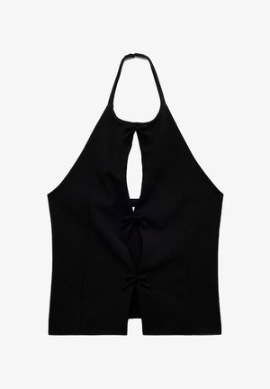 Schwarzes Haltertop mit tiefem Ausschnitt, das vorne zwei Schleifen und ein offenes Design aufweist. Hergestellt aus einem glatten, strukturierten Stoff.