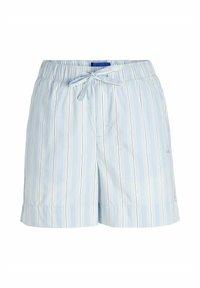 Šviesiai mėlyni šortai iš lengvos medžiagos, su vertikaliomis baltais ir pasteliniais dryžiais, turintys elastingą juosmenį ir raištį.