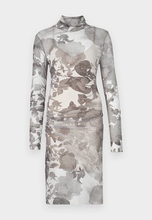 Long-sleeve, turtleneck dress in sheer, floral-patterned fabric. Colors range from soft gray to off-white, with gathered detailing at the waist.