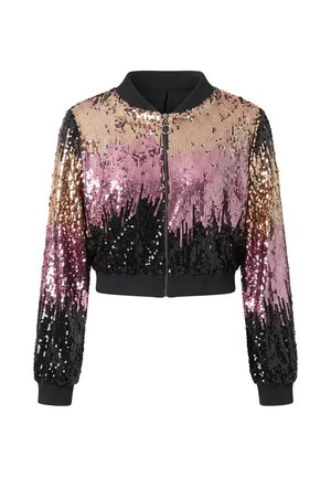 Cazadora bomber corta con cremallera en la parte delantera, cuello y puños de canalé, cubierta de lentejuelas en tonos bronce, rosa y negro en un patrón degradado.
