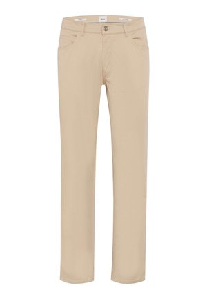 Beige, gerade geschnittene Hose mit Fronttaschen, Gürtelschlaufen, Knopfverschluss und sichtbaren Nähten entlang der Nähte.