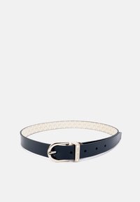 Navy leather belt with a smooth finish, featuring a silver-tone buckle and a patterned interior showcasing a light beige design.