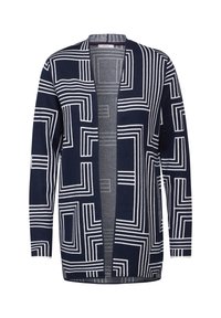 Marinblå cardigan med ett geometriskt mönster i vitt, öppen front, långa ärmar och ett mjukt, texturerat stickat tyg.