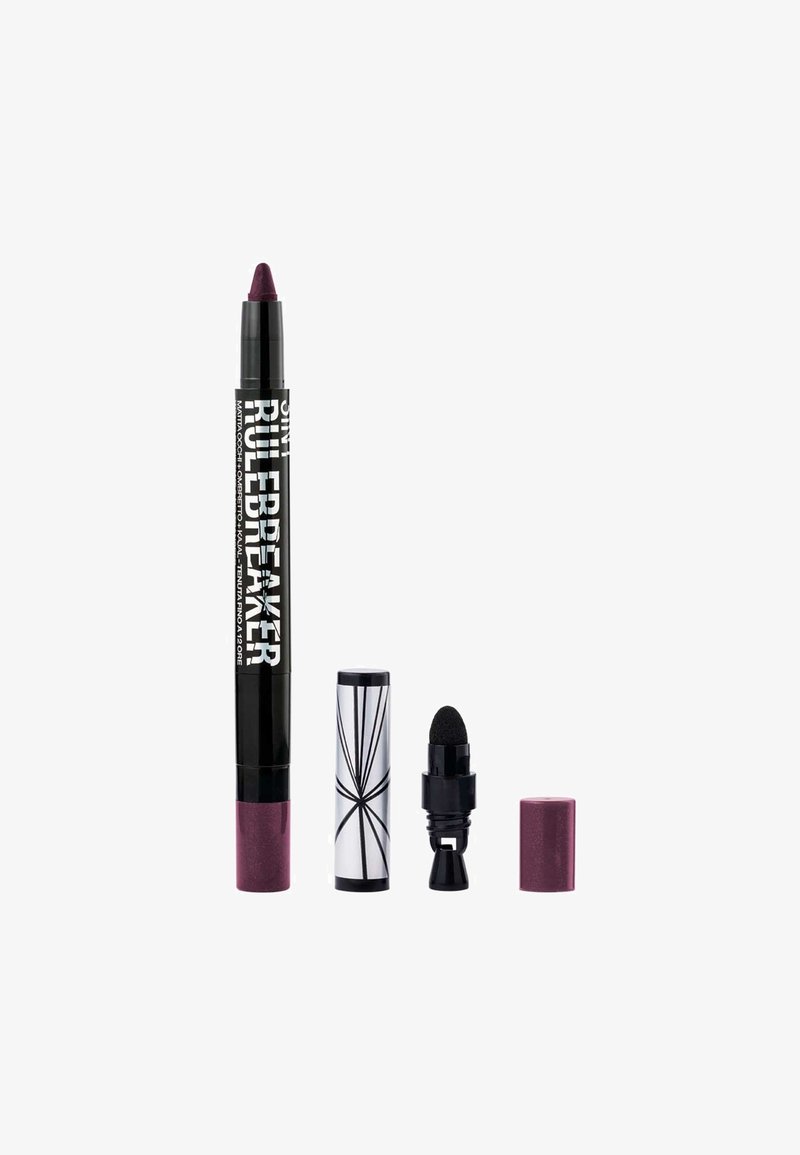 Marker per labbra metallico viola con punta affusolata, circondato da tappi neri e argentati, caratterizzato da un design elegante e una texture liscia.