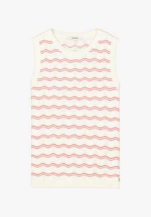 Witte mouwloze top met een golvend rood streepje patroon, voorzien van een geribbelde ronde hals en een geweven stof.