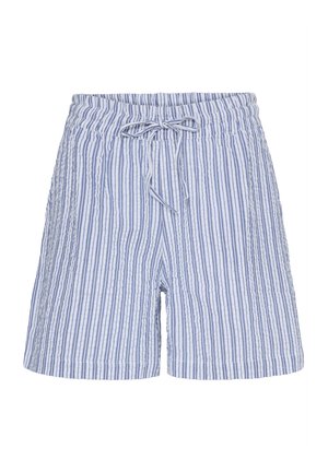 Svetlomodré a biele vertikálne pruhované neformálne šortky s elastickým pásom a prednou šnúrkou viazanou na mašličku.