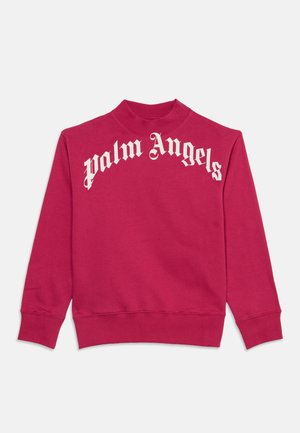 Sweat-shirt rouge à manches longues avec col haut et texte gothique blanc "palm Angels" sur la poitrine.
