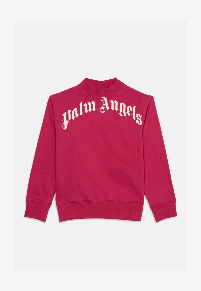 Sweat-shirt rouge à manches longues avec col haut et texte gothique blanc "palm Angels" sur la poitrine.
