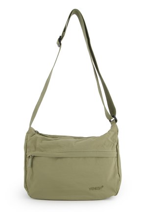 Jasnooliwkowa torebka na ramię z regulowanym paskiem, przednią kieszenią na zamek i główną komorą na zamek, z logo "VENEZIA" na dole po prawej stronie.
