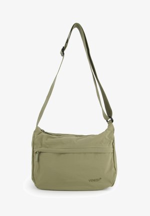 Světle olivově zelená kabelka přes rameno s nastavitelným popruhem, předním kapsou na zip a hlavním zipovým oddílem, s logem "VENEZIA" vpravo dole.