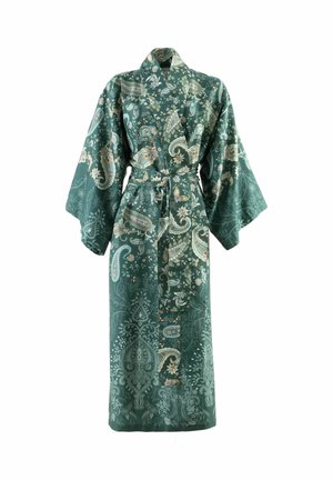Green kimono-style robe made of smooth fabric featuring a paisley pattern in gold and light blue with wide sleeves and a matching belt.