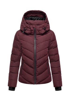 Giacca puffer donna color bordeaux con motivo a zig zag trapuntato, cappuccio regolabile, zip frontale, tasche laterali con zip e polsini interni neri.