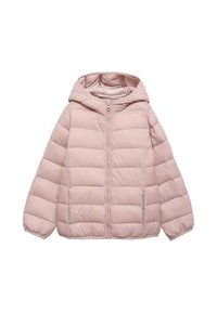 Jachetă roz căptușită cu glugă, având secțiuni orizontale cu matlasare, fermoar frontal și manșete elasticizate. Textură de material lucios și neted.