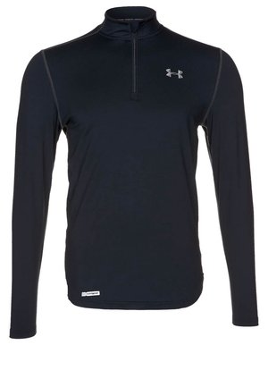 Czarna, sportowa bluzka z długim rękawem i suwakiem do ćwiartki, logo Under Armour na piersi oraz etykieta "coldgear" przy dole.