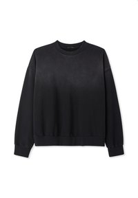 Felpa nera a maniche lunghe con collo rotondo, realizzata in un tessuto liscio, con polsini e orlo a costine, e una vestibilità rilassata con design a spalla cadente.