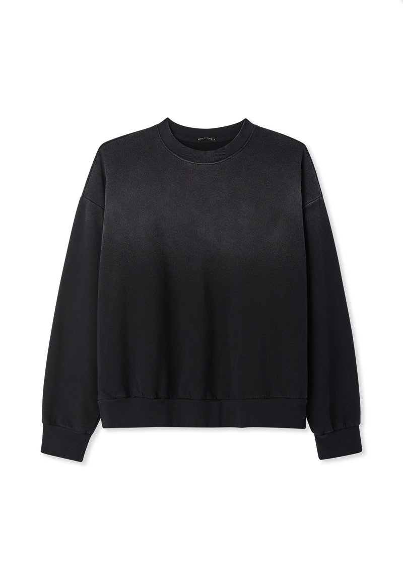 Felpa nera a maniche lunghe con collo rotondo, realizzata in un tessuto liscio, con polsini e orlo a costine, e una vestibilità rilassata con design a spalla cadente.
