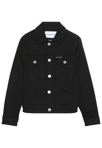 Schwarze Jeansjacke mit Knopfverschluss, zwei Brusttaschen und gesticktem Logodetail. Verfügt über silberne Hardware und einen klassischen Kragen.