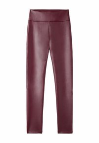 Leggings en simili cuir bordeaux avec une taille haute, une texture lisse et un design ajusté, s'étendant jusqu'à la cheville.