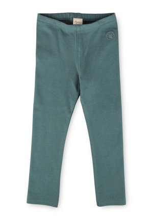 Leggings teal fabriqués en mélange de coton doux, avec une taille sans couture et un petit patch logo en haut à gauche.