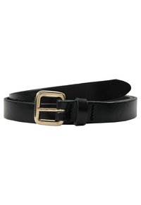 Cinturón de cuero negro con una textura suave, que presenta una hebilla rectangular de metal en tono dorado y un lazo para ajuste.