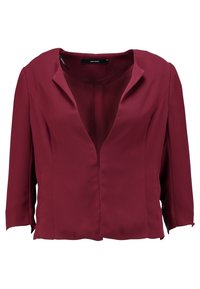 Burgundy, short-sleeve jacket with a deep V-neck, made of smooth fabric, featuring a fitted silhouette and side pockets.