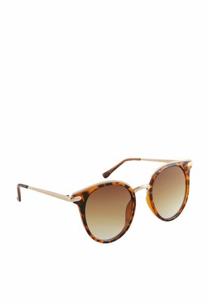 Tortoiseshell sunglasses with round frames, gold metal accents on the temples, and gradient brown lenses. Smooth, glossy finish.