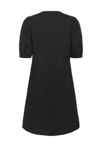 Crna haljina s napučenim kratkim rukavima, okruglim izrezom i ravnom siluetom. Glatka tkanina bez vidljivih uzoraka ili akcenta.