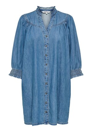 Jeans obleka na gumbe z dolgimi napihnjenimi rokavi, elastičnimi nabranimi manšetami in majhnim nabranim ovratnikom v srednje modrem odtenku.