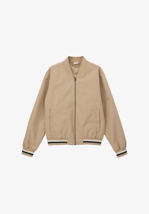 Beige bomber jacket with ribbed collar and cuffs, front zipper, and side pockets. Features striped accents on cuffs and waistband. Smooth texture.