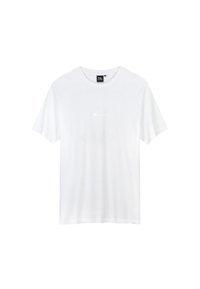 Witte katoenen T-shirt met korte mouwen, ronde hals, met een subtiele logo in het midden van de borst. Zachte textuur en lichtgewicht ontwerp.