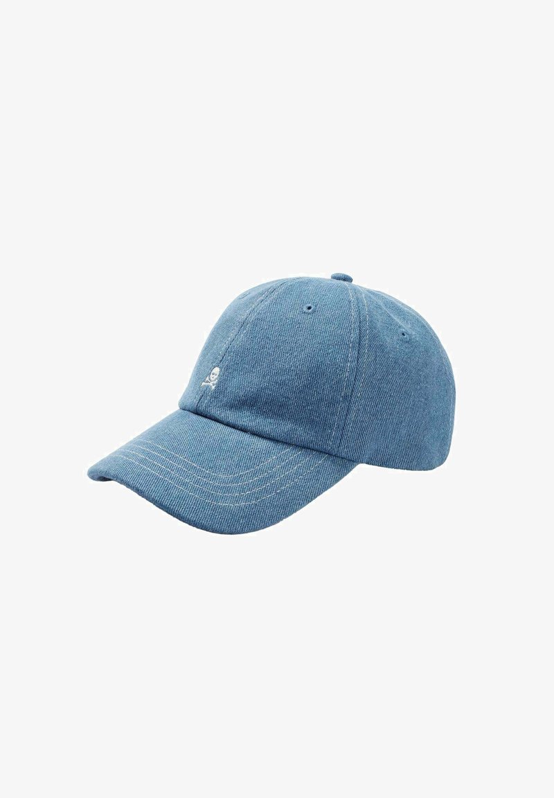 Denim blue baseball cap with a curved brim, six-panel design, embroidered logo, and contrasting white stitching on the brim.