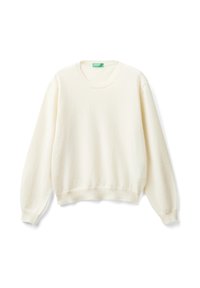 Maglione a maniche lunghe con colletto rotondo in off-white, con polsini e orlo a costine, disteso su uno sfondo bianco.