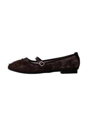 Chaussure plate Mary Jane noire avec une bride, décorations de perles florales et détail en tissu transparent le long des côtés et du bout.