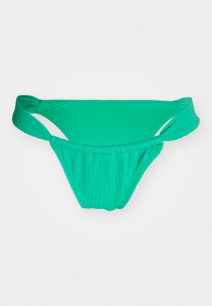 Grüner Bikini-Unterteil mit einem strukturierten Zickzack-Muster, das an den Seiten Ausschnitte und einen glatten Bund aufweist. Ultraleichtes Badebekleidungs-Material.