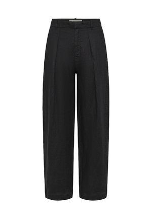 Pantaloni negri cu talie înaltă, cu pantaloni largi, zoning pentru curea și pliuri frontale, expuși pe un fundal alb.