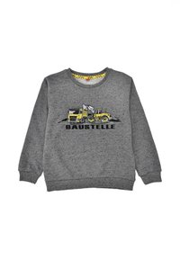 Gray sweatshirt made of cotton, featuring a construction vehicle graphic in yellow and black, with "BAUSTELLE" text below the design.